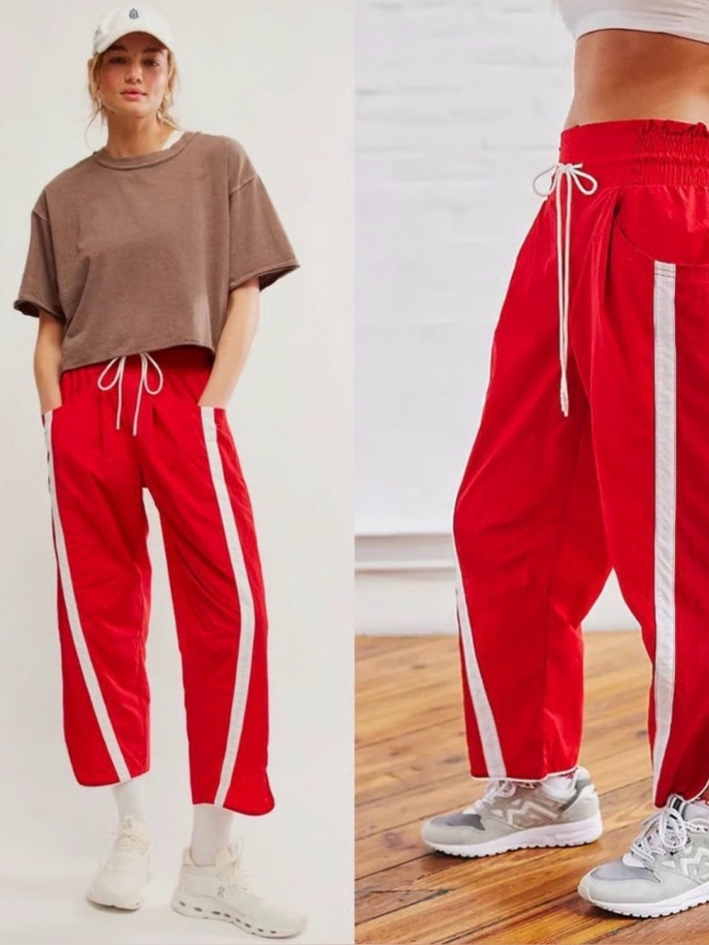 Free People Red Track Pants with White Side Stripes